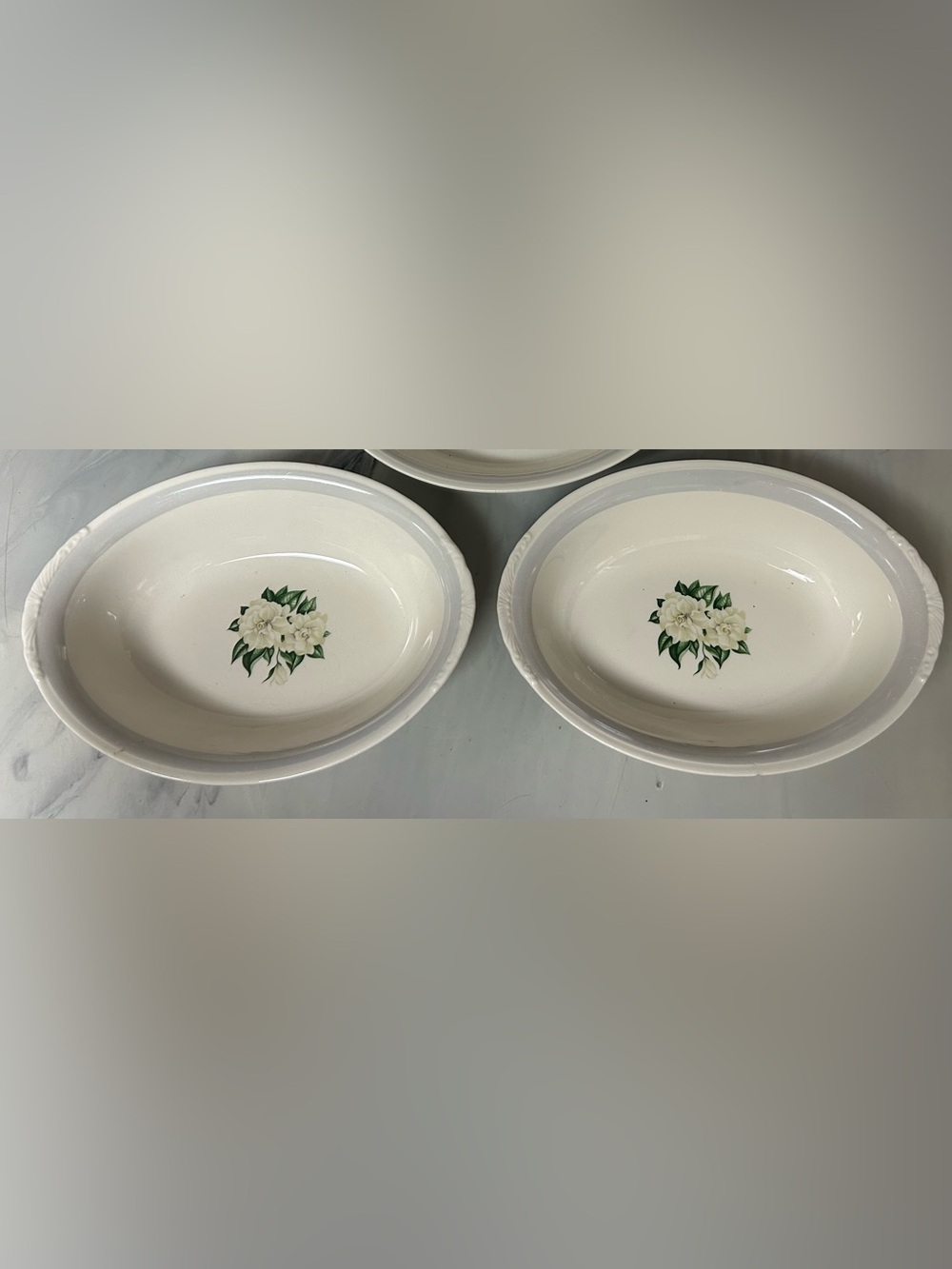 2- Howard Laughlin nautilus  White Oval Serving Bowls with Green Floral Motif